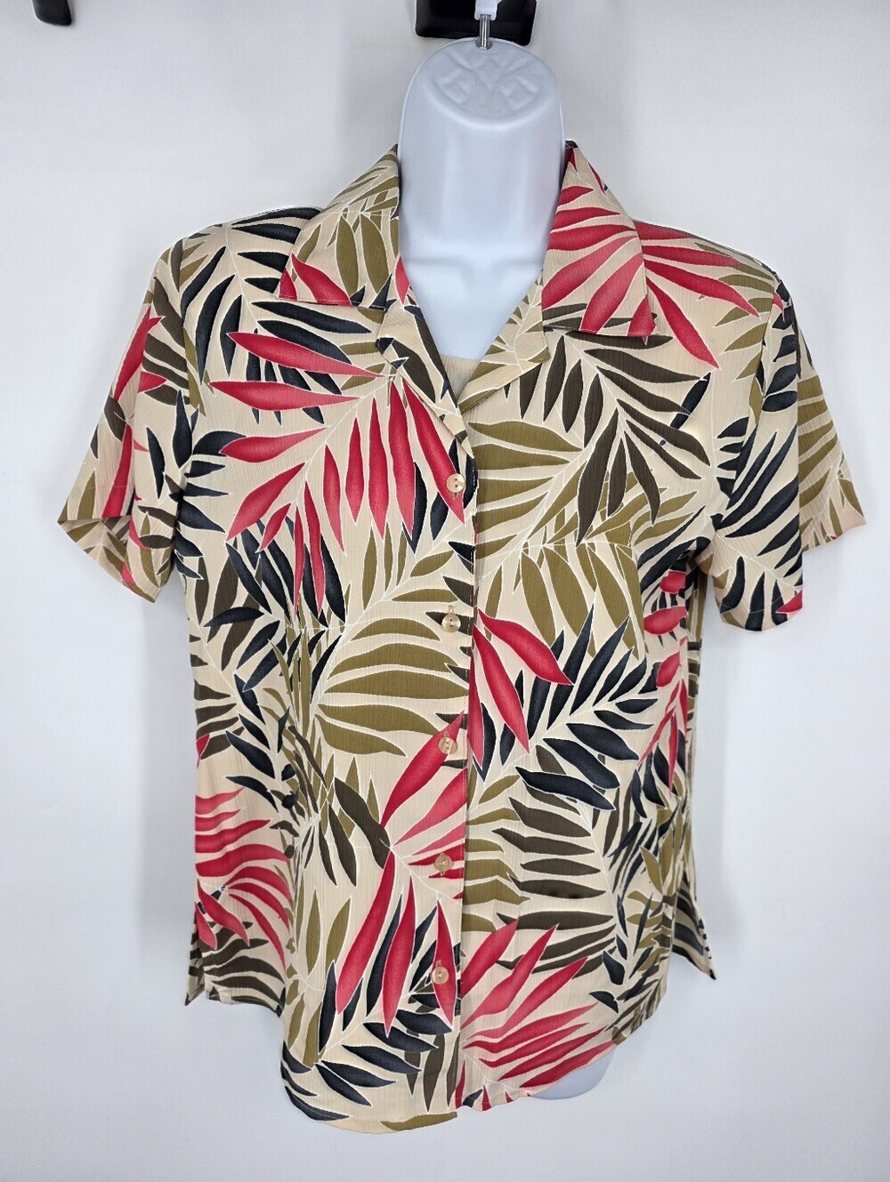 Notations Vintage Tropical Palm Leaf Button Up Shirt Womens Small S Tan Red Camp